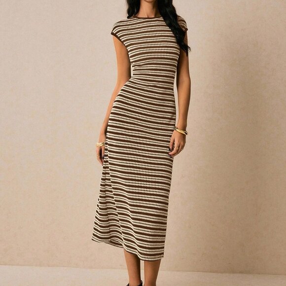 Brown Casual Women's Striped Round Neck Dolman Sleeve Dress - Picture 7 of 8